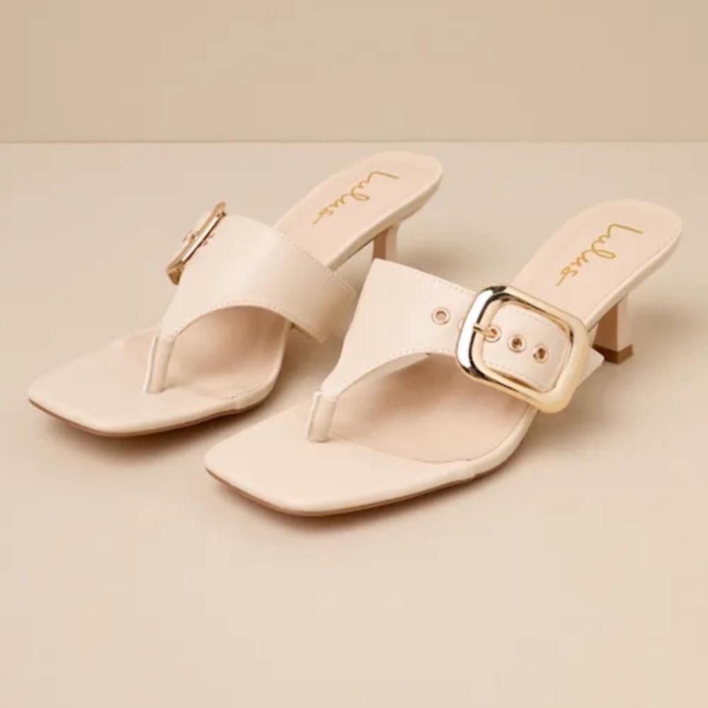 Lulu's Cream Buckle Thong Heeled Sandals